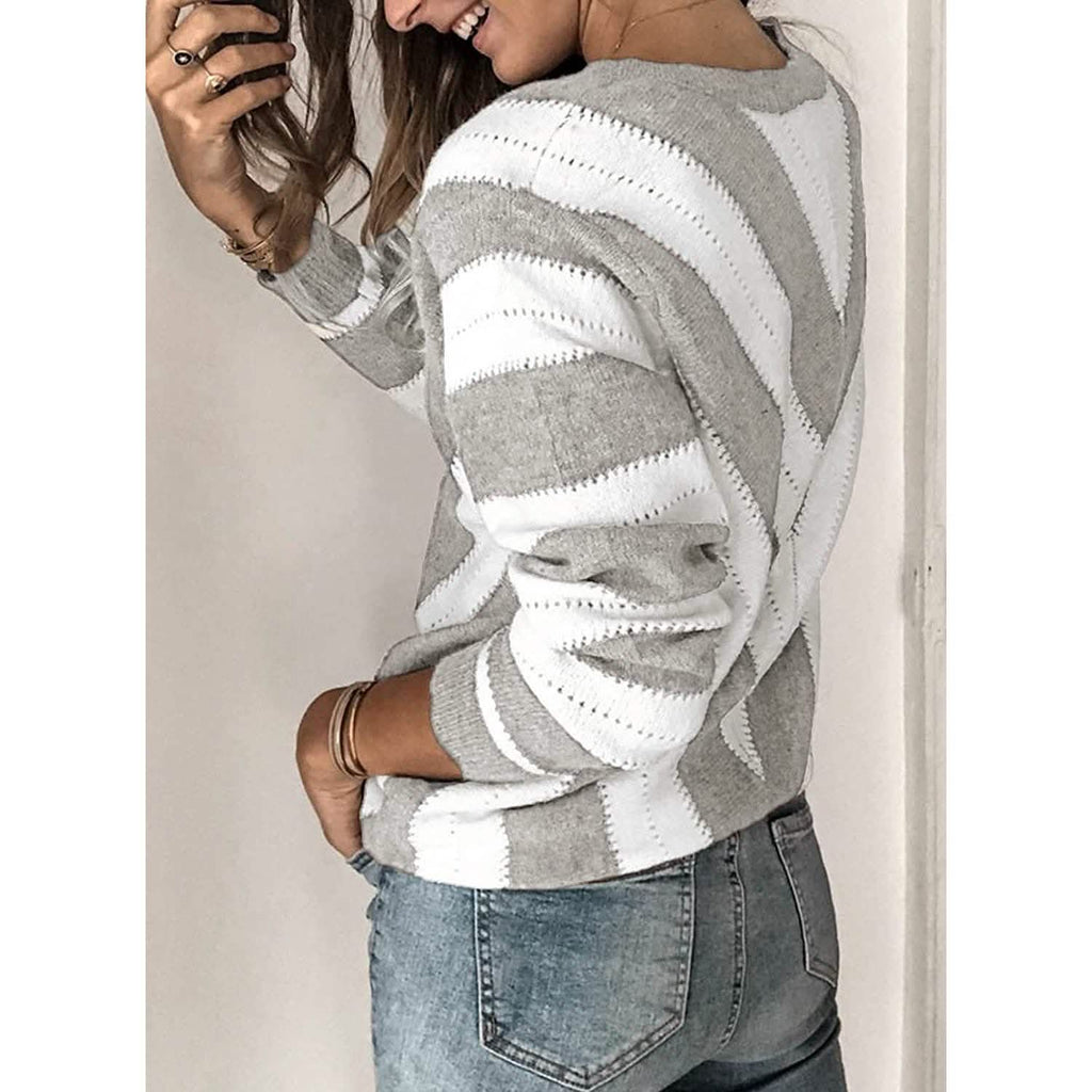 Color Block Striped V Neck Sweater for Women Long Sleeve Knit Pullover Jumper Tops