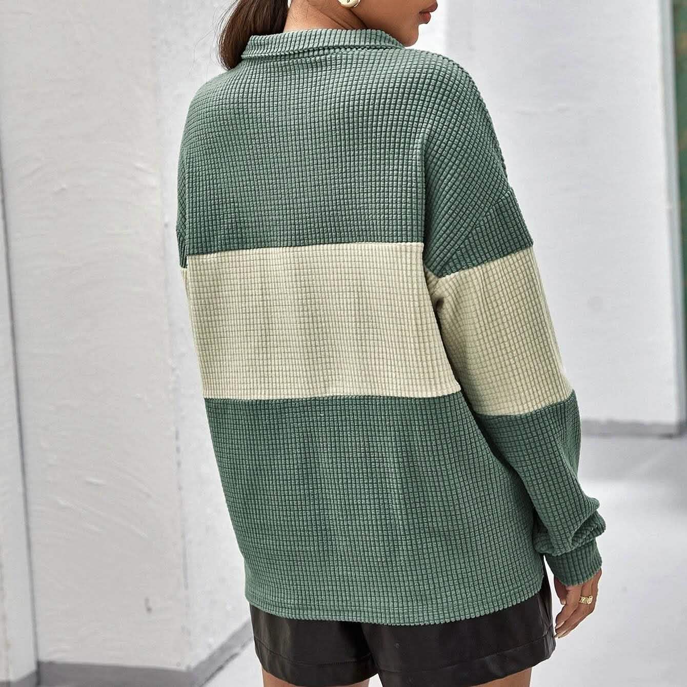 Drop Shoulder Two Tone Textured Half Placket Pullover