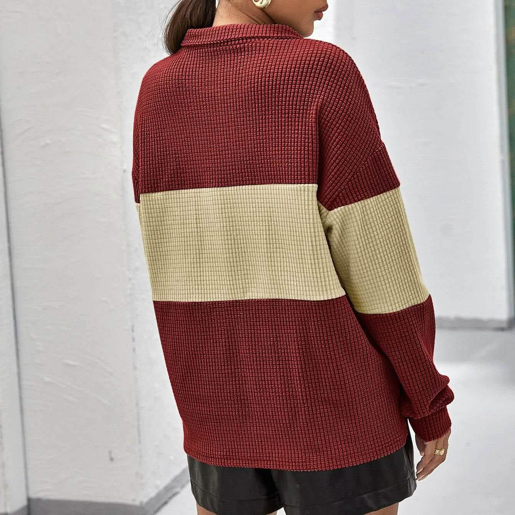 Drop Shoulder Two Tone Textured Half Placket Pullover