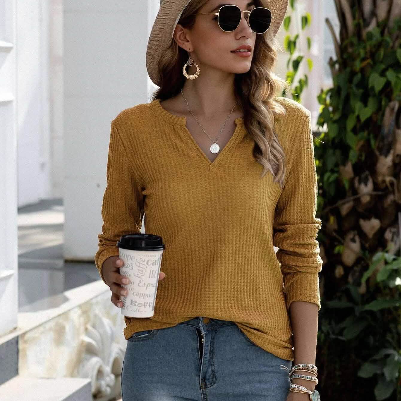 Notched Waffle Knit Solid Tee