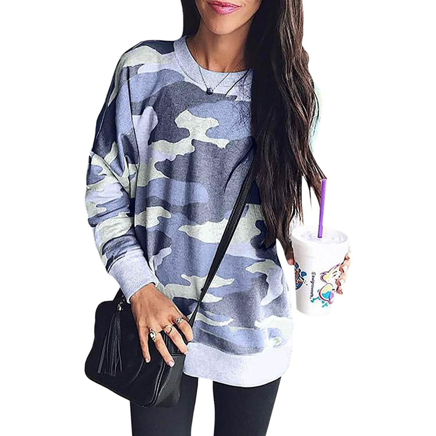 Women's Camouflage Print Casual Leopard Pullover Long Sleeve Sweatshirts