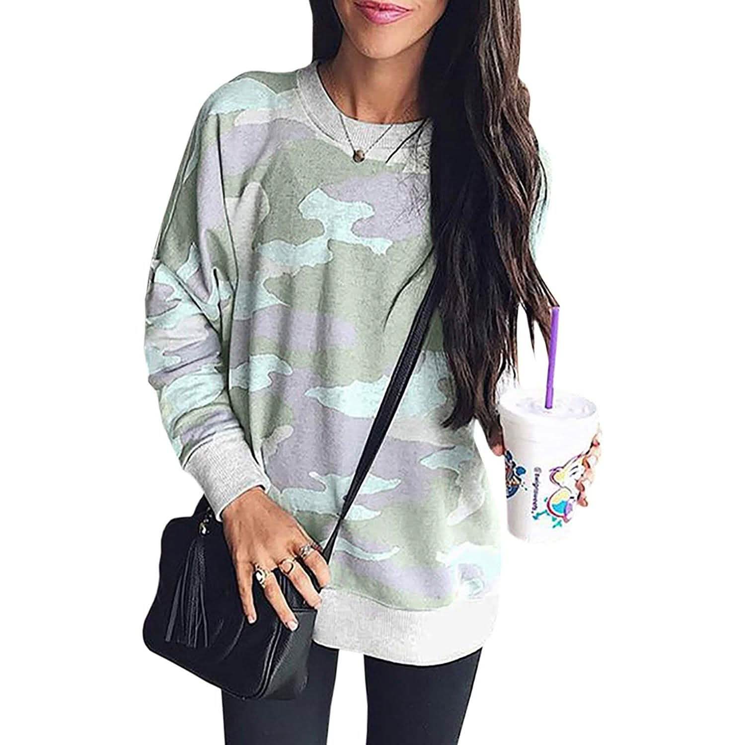 Women's Camouflage Print Casual Leopard Pullover Long Sleeve Sweatshirts