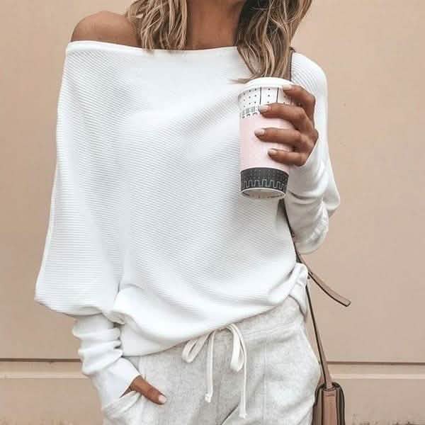Women's Fashion Off Shoulder Long Sleeve Sweater Casual Long Sleeved Sweatshirt Top