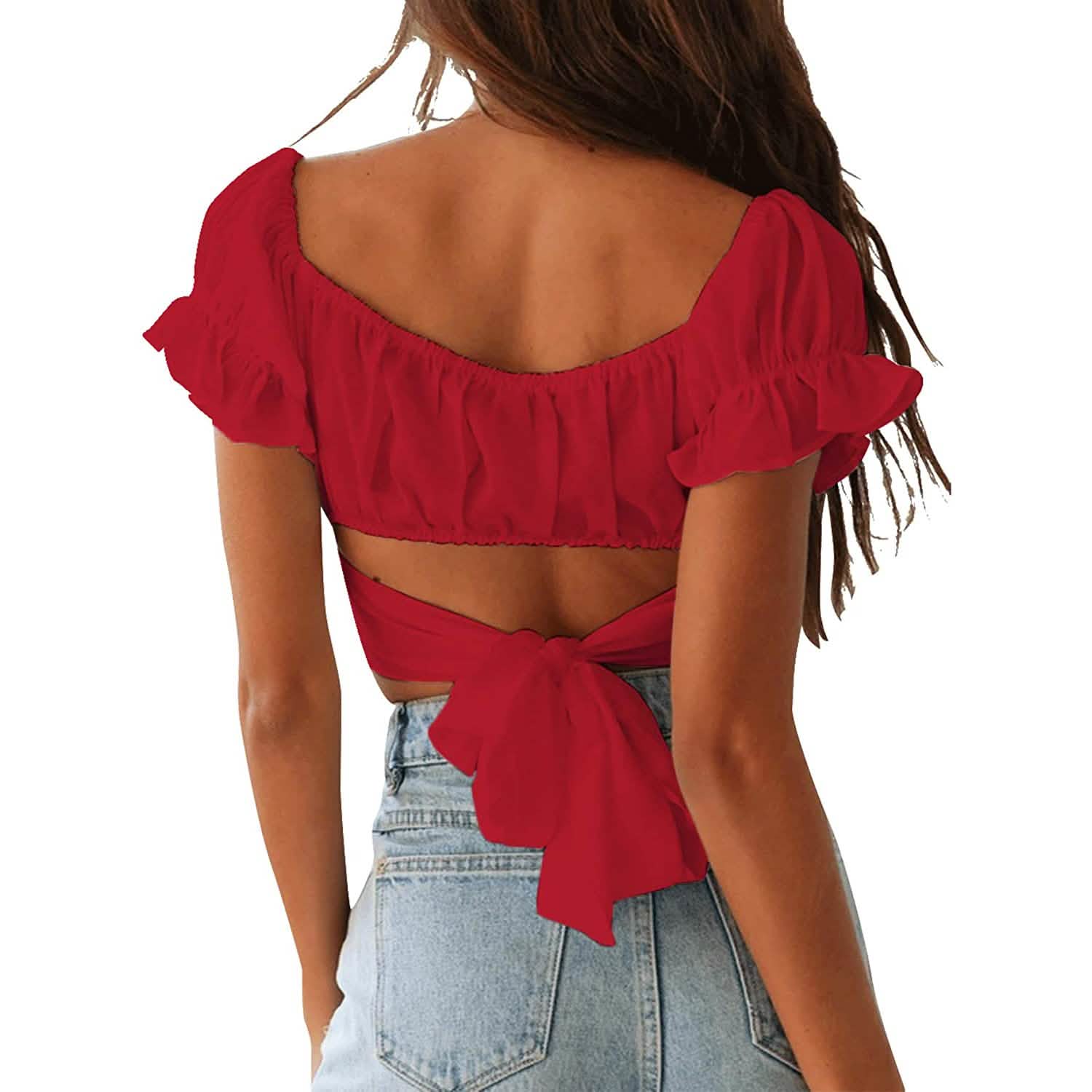 Women's Ruffle Short Sleeve Tie Shirt