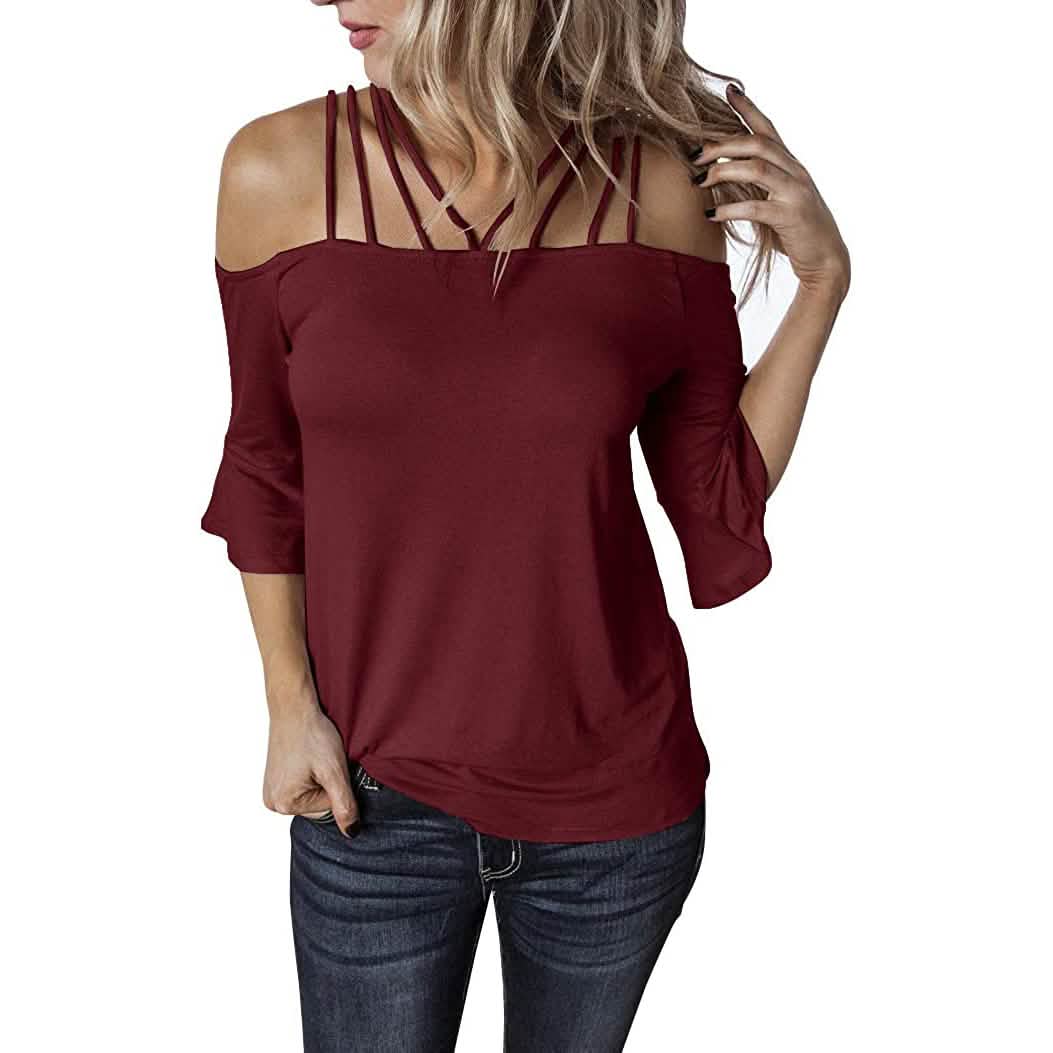 Womens Spaghetti Straps Cold Shoulder Shirts
