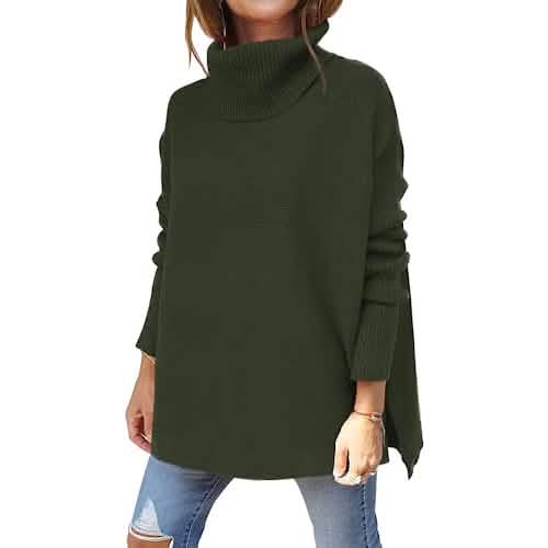 Women's Turtleneck Oversized Sweaters Long Batwing Sleeve Spilt Hem Tunic