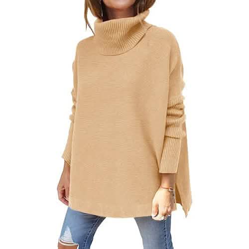 Women's Turtleneck Oversized Sweaters Long Batwing Sleeve Spilt Hem Tunic