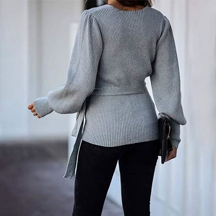 Women’s V Neck Balloon Sleeve Ribbed Wrap Chunky Knit Tunic Top