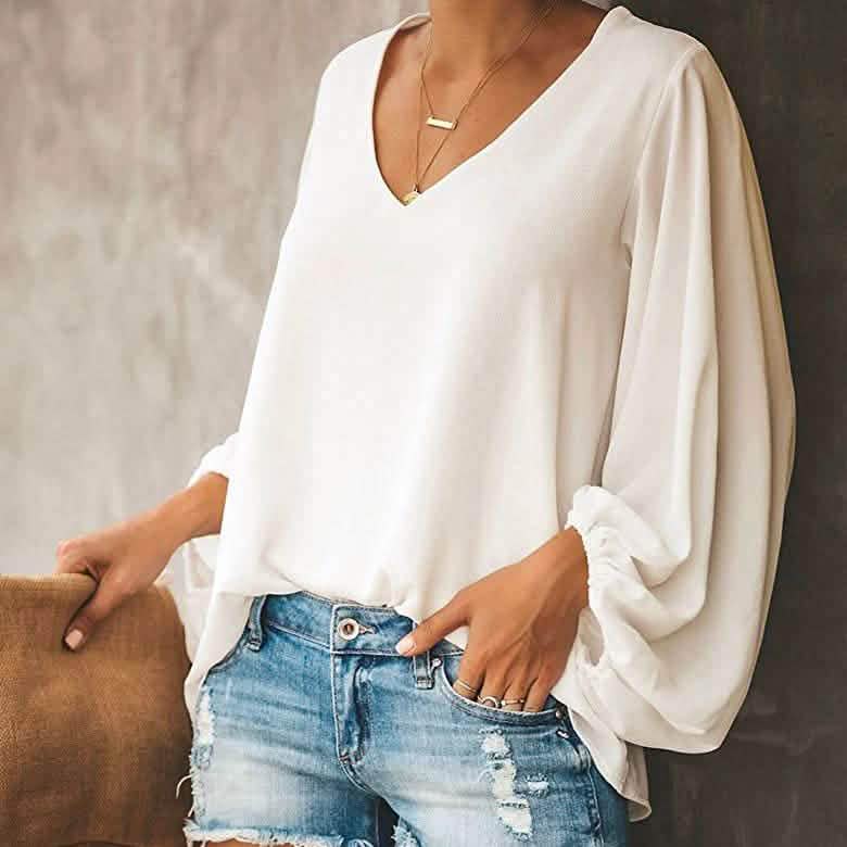 Womens V Neck Chiffon Blouses Casual Balloon Sleeve Floral Print Shirts Tops