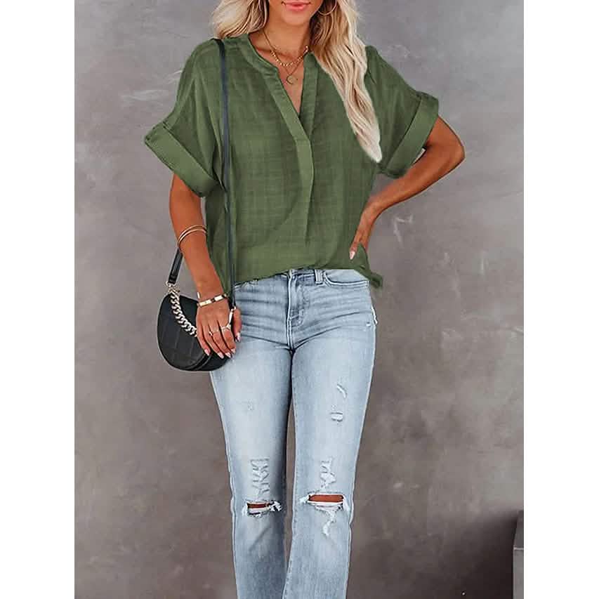 Women's V-Neck Loose Shirt Short Sleeve Top